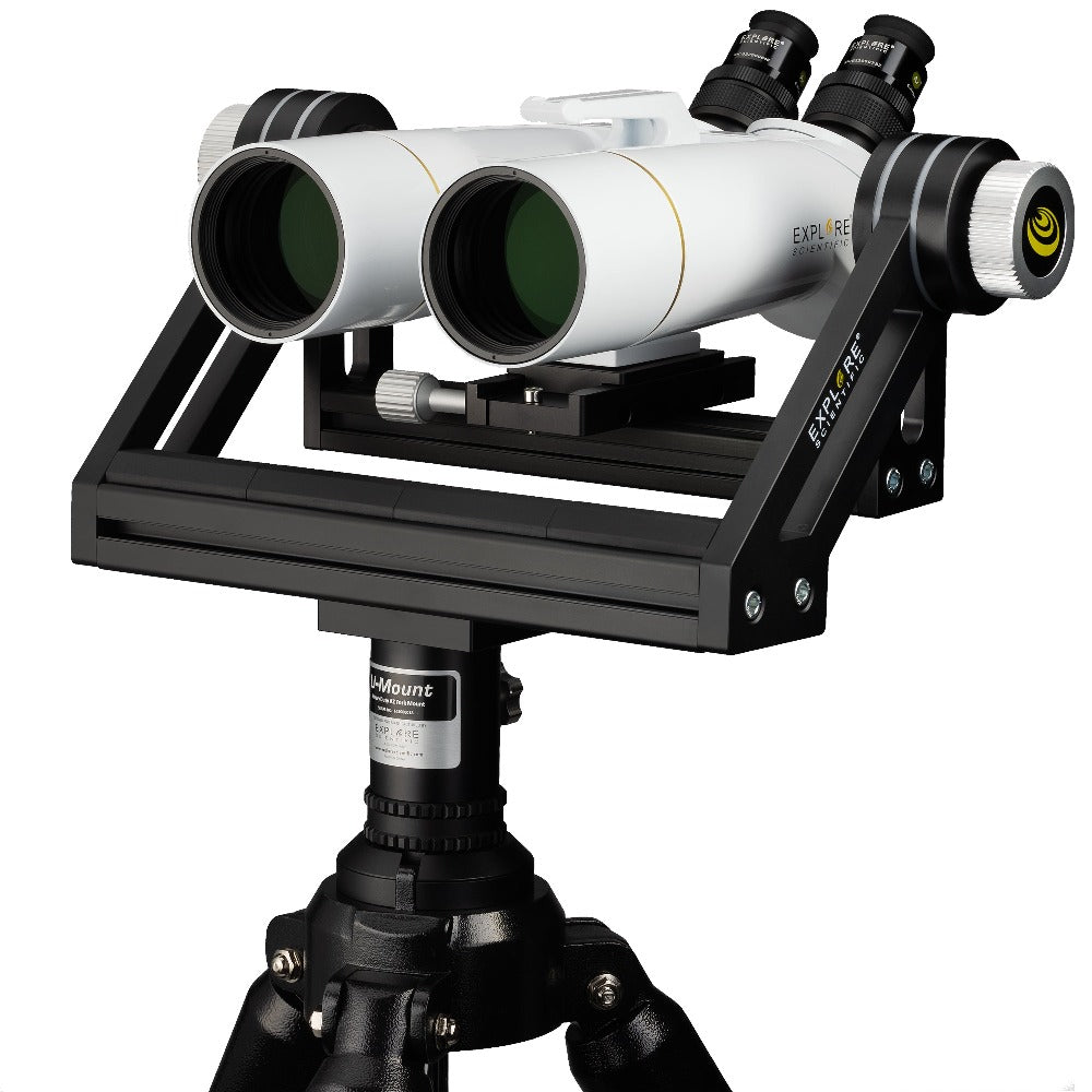 Explore Scientific BT-70 SF Large Binoculars with 62 Degree LER Eyepieces on U-mount with field tripod horizontal