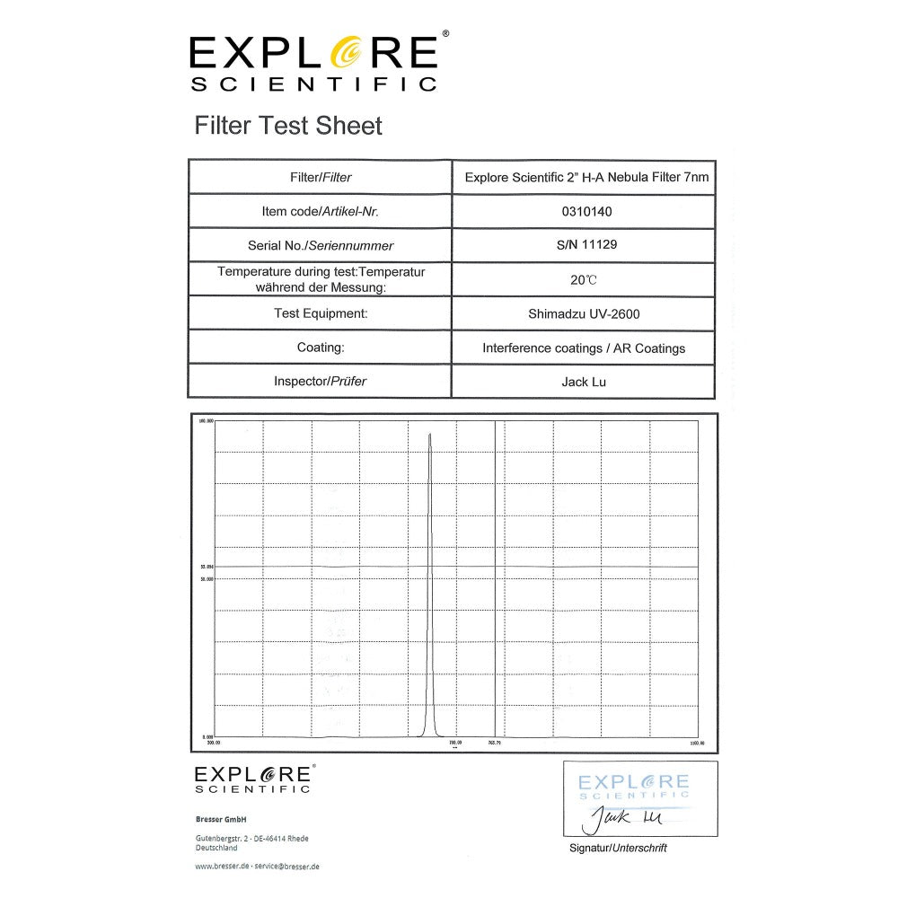 Filter Text Sheet Explore Scientific Nebula Filter H-Alpha 2-inch 7nm
