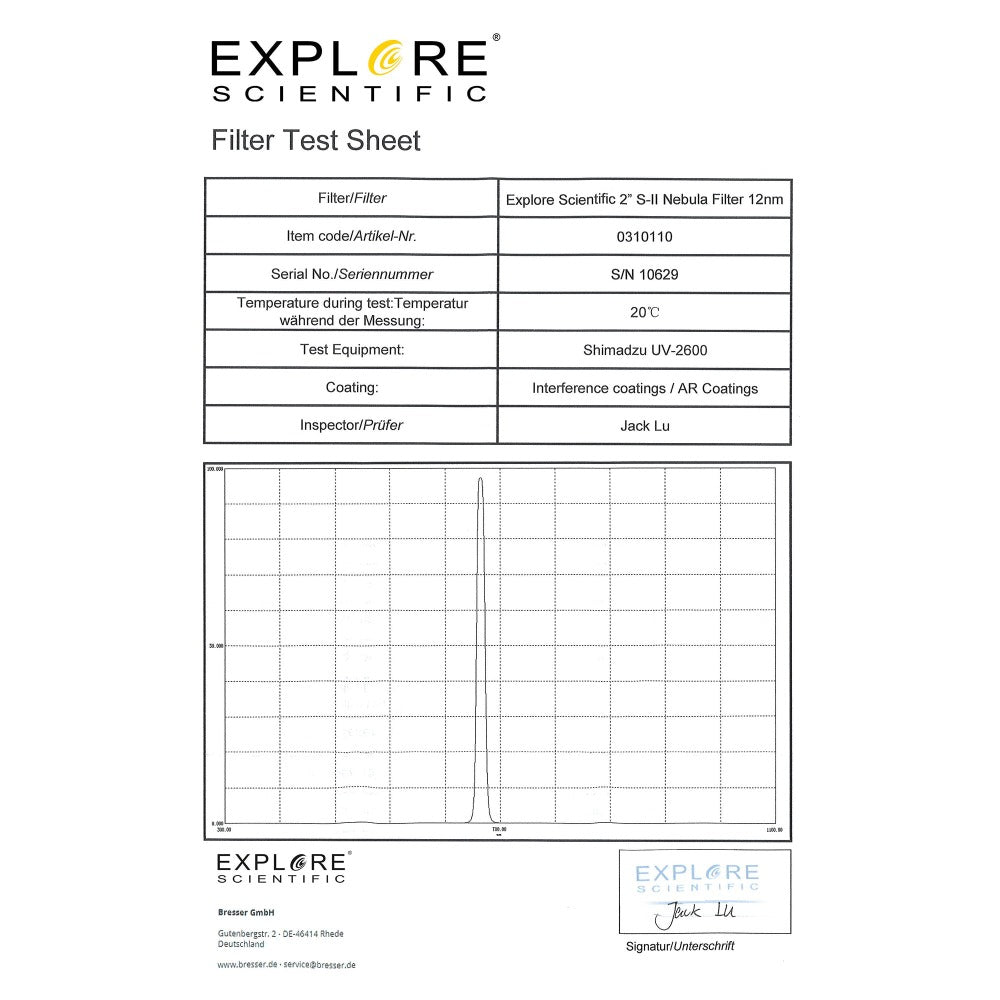 Filter Test Sheet for Explore Scientific S-II 2-inch 12nm Nebula Filter