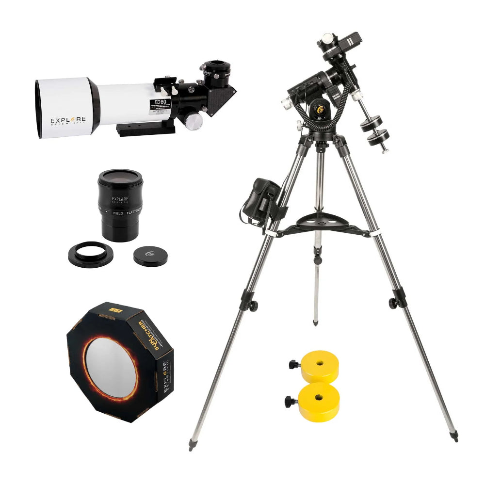 Solar Photography Package Explore Scientific ED80 f6 Essential Series Air-Spaced Triplet Refractor Telescope Set w solar filter - Complete Set